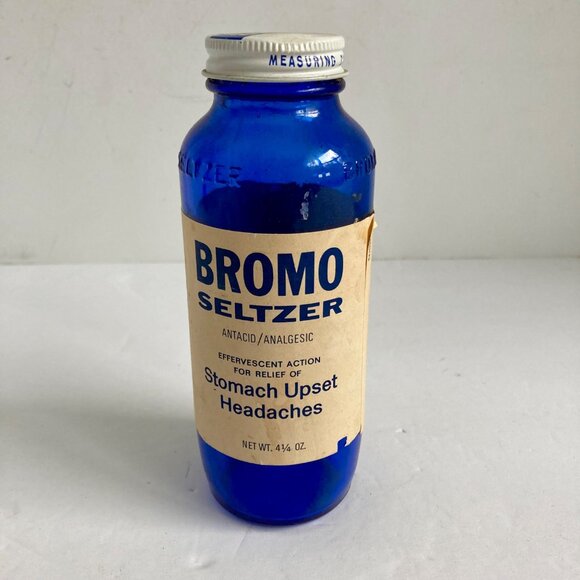 Vintage Bromo Seltzer Antacid/Analgesic Blue Bottle Upset Stomachs & Headaches - Picture 1 of 7